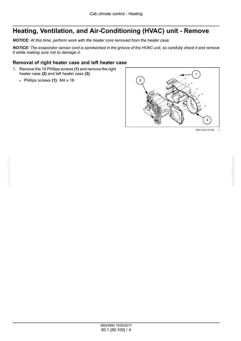May include: Diagram of an HVAC unit removal procedure. The image includes an exploded view of the unit with numbered components and instructions for removing the right and left heater cases. Text includes "Heating, Ventilation, and Air-Conditioning (HVAC) unit - Remove."