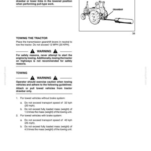 May include: A technical manual page titled SECTION 2 - OPERATION containing safety warnings for tractor towing. It includes a black and white line drawing of a tractor with a drawbar, text instructions for towing speeds, and weight limits in mph and kph.