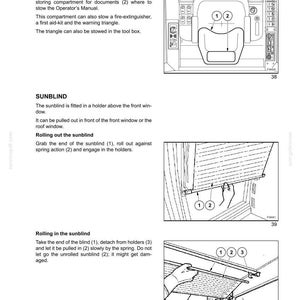 May include: Diagram of a vehicle's interior, detailing the documents storage box, first-aid kit, warning triangle, and fire extinguisher. Includes instructions for operating the sunblind, with numbered components.