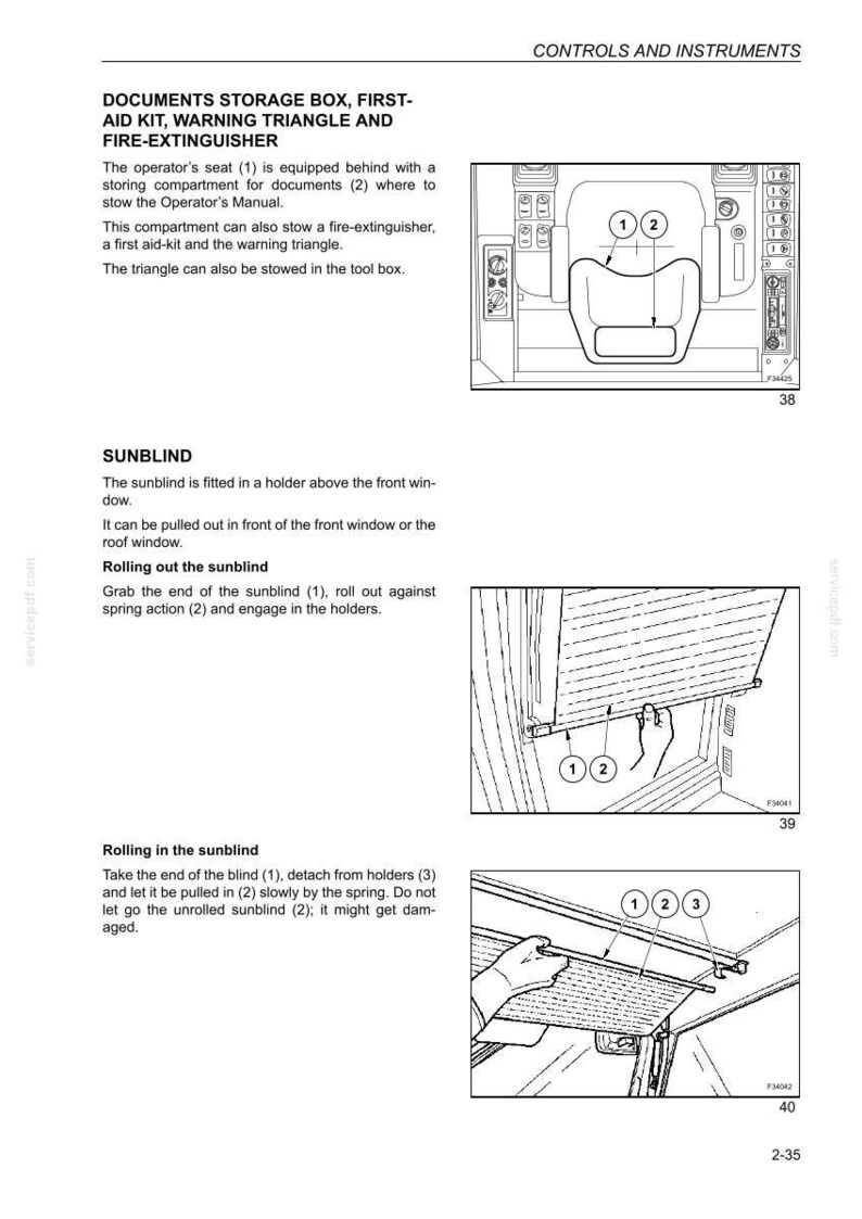May include: Diagram of a vehicle's interior, detailing the documents storage box, first-aid kit, warning triangle, and fire extinguisher. Includes instructions for operating the sunblind, with numbered components.