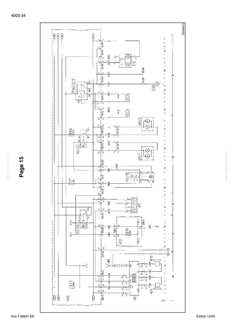 May include: A technical electrical schematic diagram labeled 4003-34 and Page 15, featuring black lines on a white background. It displays various electronic components, symbols, and numerical identifiers including A6, A12, F10, K5/29, K5/33, and S24/1.