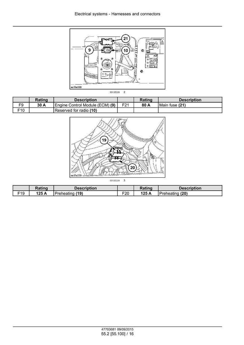 Op de afbeelding: Diagram van elektrische systemen, kabelbomen en connectoren. Bevat illustraties van componenten met labels en een tabel met details over classificaties en beschrijvingen voor zekeringen en modules, zoals de Engine Control Module (ECM).