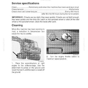 May include: A page from a maintenance manual with the title "TRACKS". The text describes service specifications, including cleaning and checking tension. Illustrations show steps for maintenance, including placing the upperstructure and turning the engine throttle.