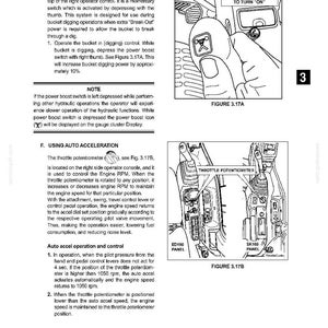 May include: A technical manual page titled BASIC MACHINE OPERATION featuring two diagrams. Figure 3.17A shows a thumb-operated power boost switch on a control lever. Figure 3.17B illustrates the throttle potentiometer location on an operator console.