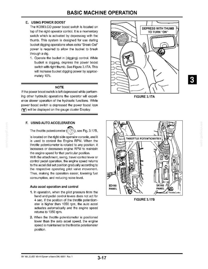May include: A technical manual page titled BASIC MACHINE OPERATION featuring two diagrams. Figure 3.17A shows a thumb-operated power boost switch on a control lever. Figure 3.17B illustrates the throttle potentiometer location on an operator console.