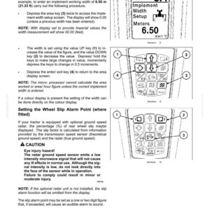 May include: A technical manual page titled 3-CONTROLS/INSTRUMENTS detailing the procedure for setting implement width and wheel slip alarm points. It includes diagrams of a digital display showing 8.4 and 6.50, and two keypad control panels.