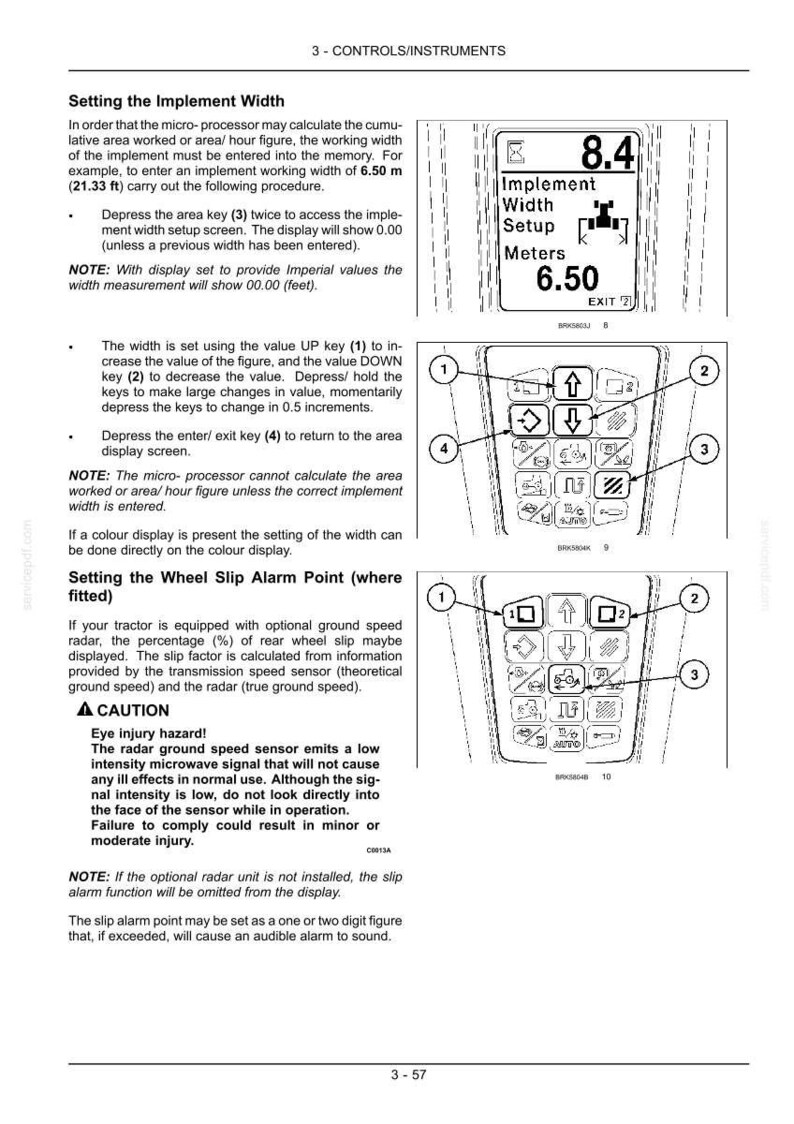 May include: A technical manual page titled 3-CONTROLS/INSTRUMENTS detailing the procedure for setting implement width and wheel slip alarm points. It includes diagrams of a digital display showing 8.4 and 6.50, and two keypad control panels.