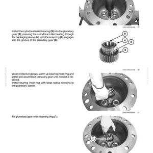 May include: Diagram of a rear axle system with planetary and final drives. The image shows the installation of various components, including a thrust washer, cylindrical roller bearing, and planetary gear. Text and numbered labels identify each part.