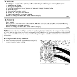 May include: Diagram of a hydrostatic ground drive pump removal procedure. The image includes warnings about potential hazards and instructions for removing hoses. The diagram shows the pump and related components.