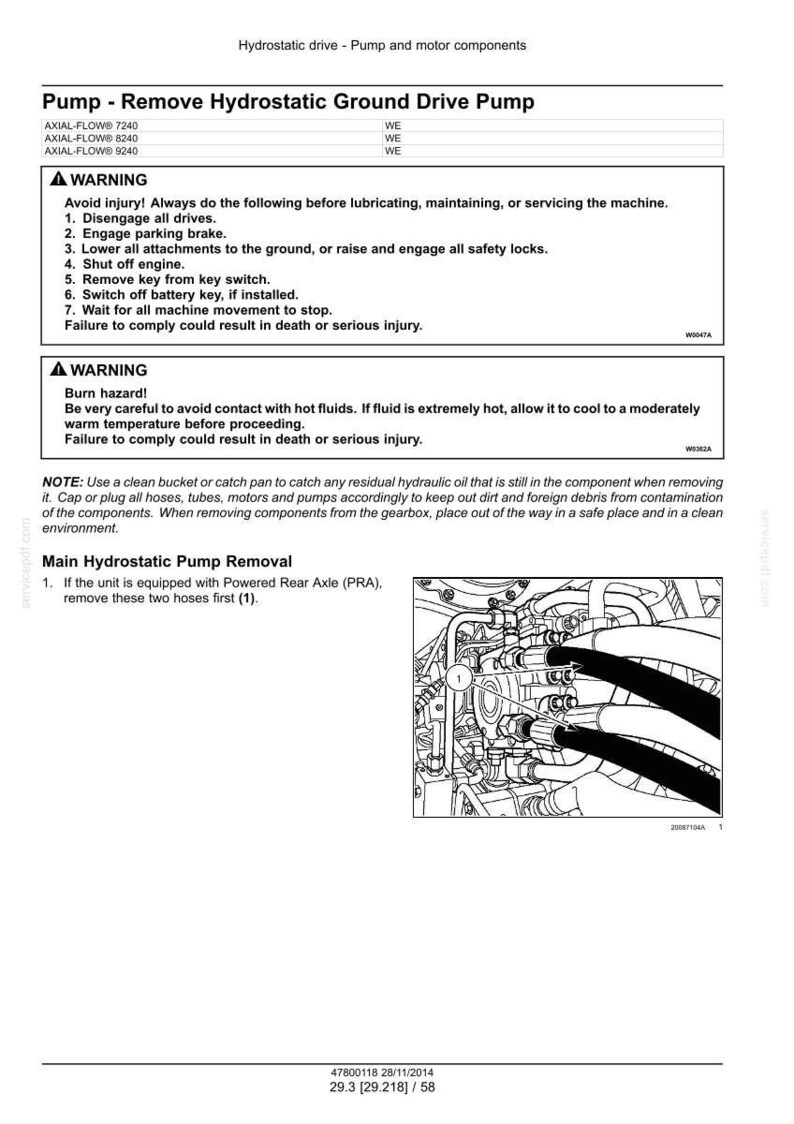 May include: Diagram of a hydrostatic ground drive pump removal procedure. The image includes warnings about potential hazards and instructions for removing hoses. The diagram shows the pump and related components.