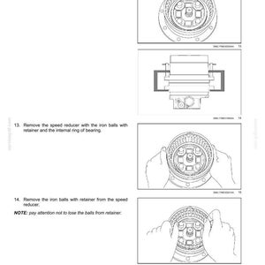 May include: Diagrams illustrating steps for hydraulic system maintenance. Includes images of components like a snap ring, speed reducer, iron balls, and retainer. Text instructions accompany each step, detailing removal and assembly procedures.