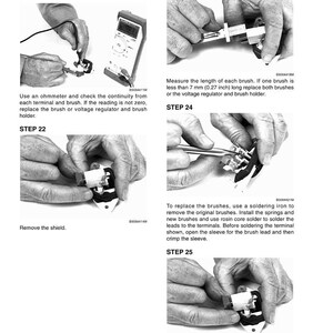 May include: A black and white technical diagram titled "Inspection of the Brushes" with step-by-step instructions. The steps include using an ohmmeter, measuring brush length, removing and installing shields, and soldering.