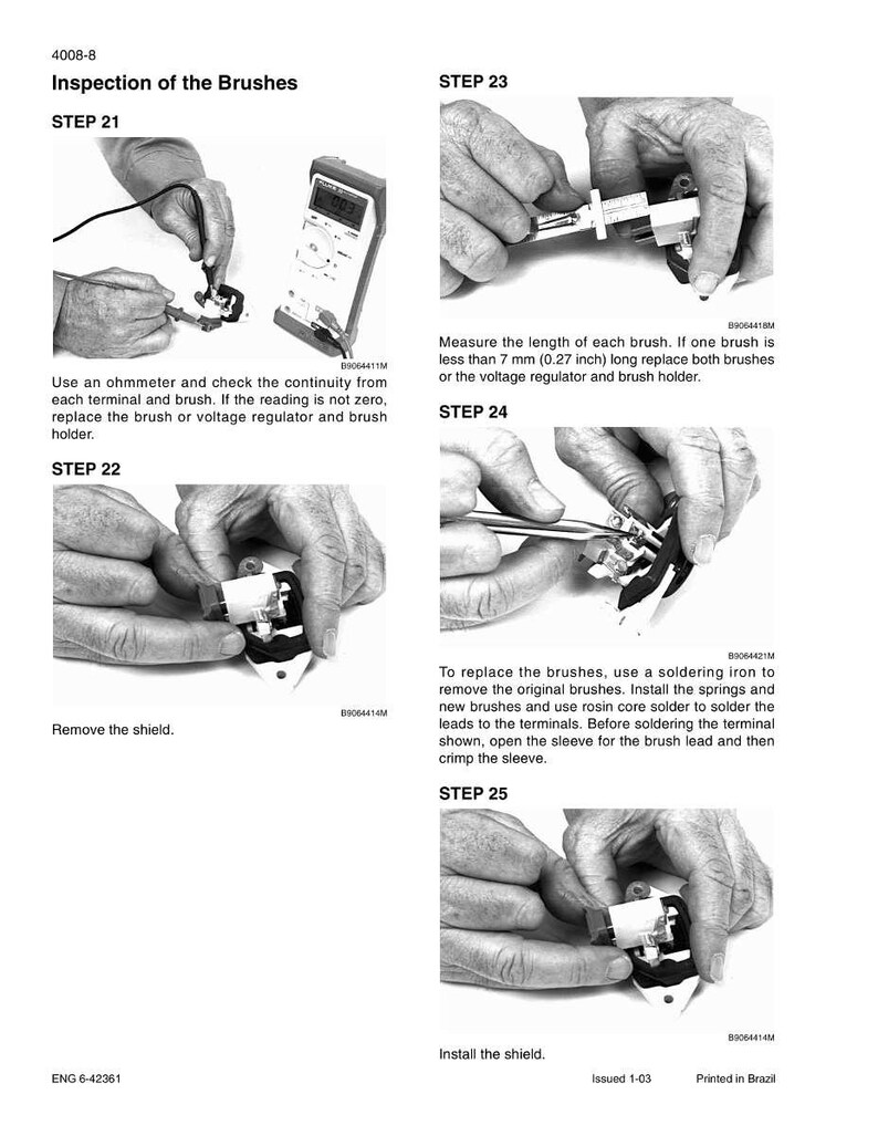 May include: A black and white technical diagram titled "Inspection of the Brushes" with step-by-step instructions. The steps include using an ohmmeter, measuring brush length, removing and installing shields, and soldering.