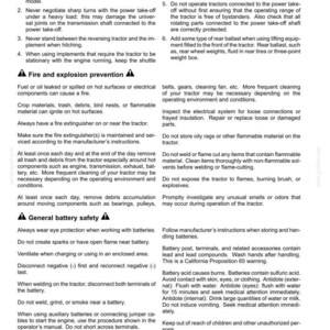 May include: A black and white document titled 2-SAFETY INFORMATION containing safety guidelines for agricultural machinery, fire and explosion prevention, general battery safety, and operator presence systems for tractor operation.