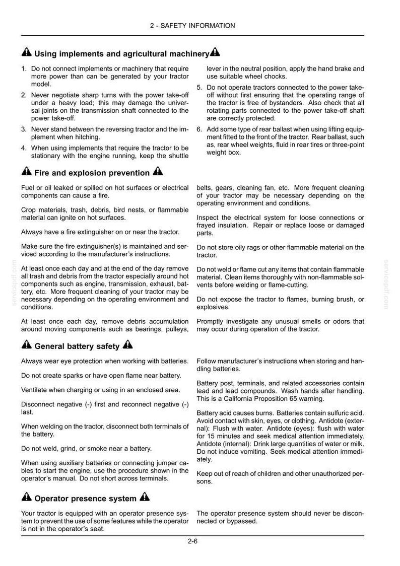 May include: A black and white document titled 2-SAFETY INFORMATION containing safety guidelines for agricultural machinery, fire and explosion prevention, general battery safety, and operator presence systems for tractor operation.