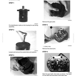 May include: A black and white diagram illustrating the disassembly of a gear pump. The steps include removing the gear plate, dowel pins, and cover. Text includes "GEAR (EQUIPMENT) PUMP" and "Disassembly".
