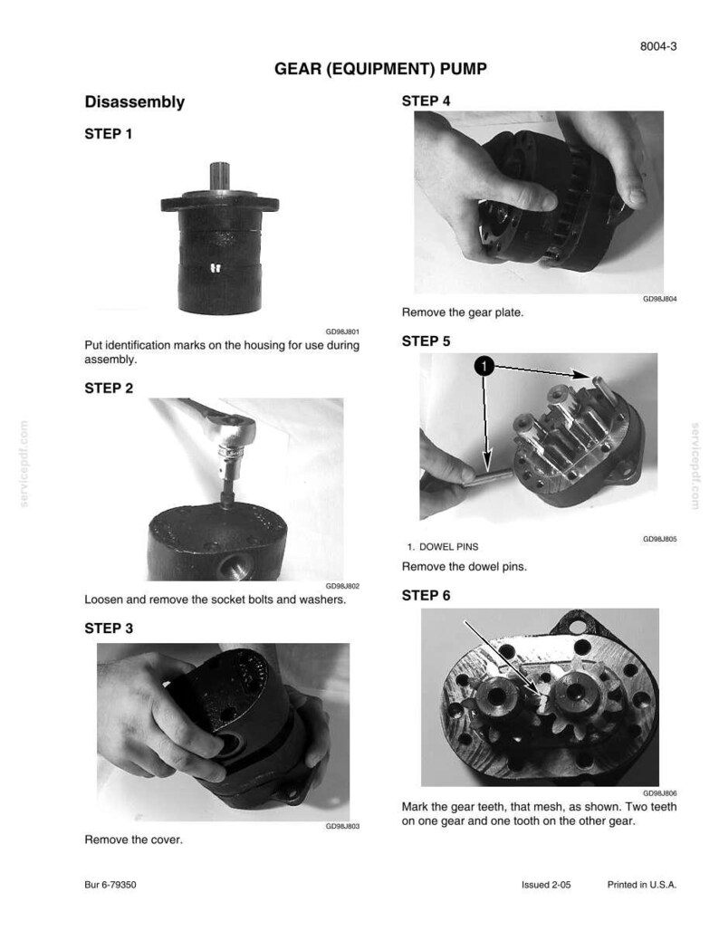 May include: A black and white diagram illustrating the disassembly of a gear pump. The steps include removing the gear plate, dowel pins, and cover. Text includes "GEAR (EQUIPMENT) PUMP" and "Disassembly".