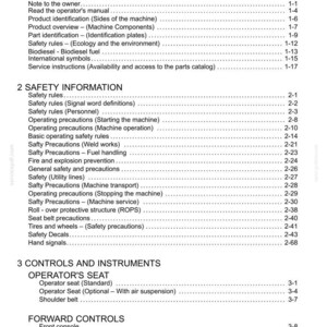 May include: A detailed table of contents from a manual, with sections on general information, safety, and controls. The text is black on a white background, with page numbers and section titles.