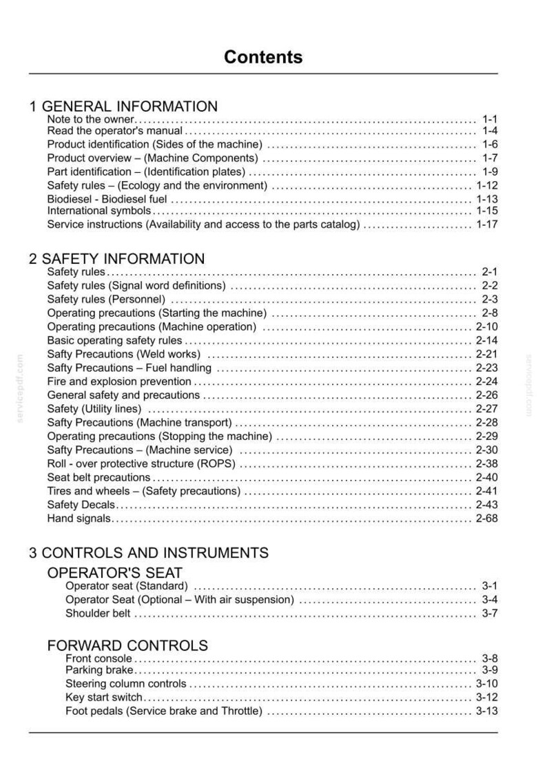 May include: A detailed table of contents from a manual, with sections on general information, safety, and controls. The text is black on a white background, with page numbers and section titles.