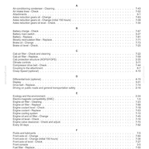 May include: A detailed index page from a manual, featuring a list of maintenance and operational checks for a vehicle. The text is organized alphabetically, with page numbers for easy reference. The document is printed on white paper.