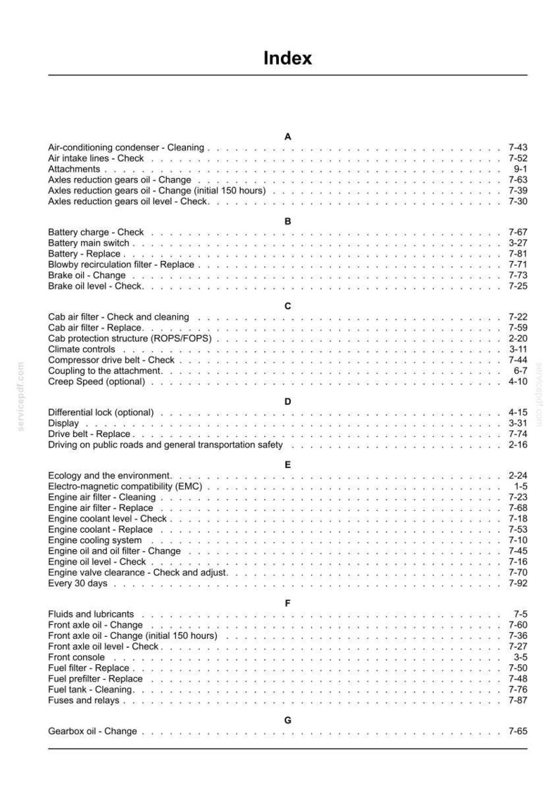 May include: A detailed index page from a manual, featuring a list of maintenance and operational checks for a vehicle. The text is organized alphabetically, with page numbers for easy reference. The document is printed on white paper.