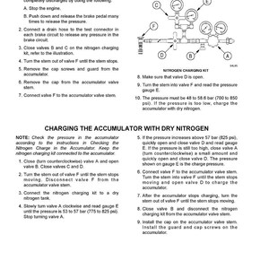 May include: Diagram with instructions for checking and charging an accumulator with dry nitrogen. The image includes a nitrogen charging kit with gauges and valves, along with step-by-step procedures and safety precautions for automotive maintenance.