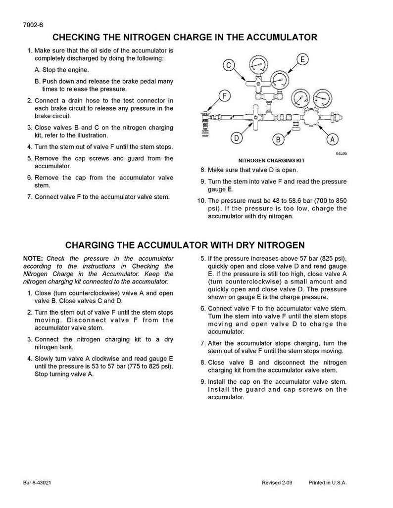 May include: Diagram with instructions for checking and charging an accumulator with dry nitrogen. The image includes a nitrogen charging kit with gauges and valves, along with step-by-step procedures and safety precautions for automotive maintenance.