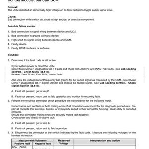 May include: Technical document detailing fault codes for an electrical system. The document includes troubleshooting steps, possible failure modes, and voltage measurements. Text includes "Tank 3 Cal Toggle Switch" and "Air Cart UCM".