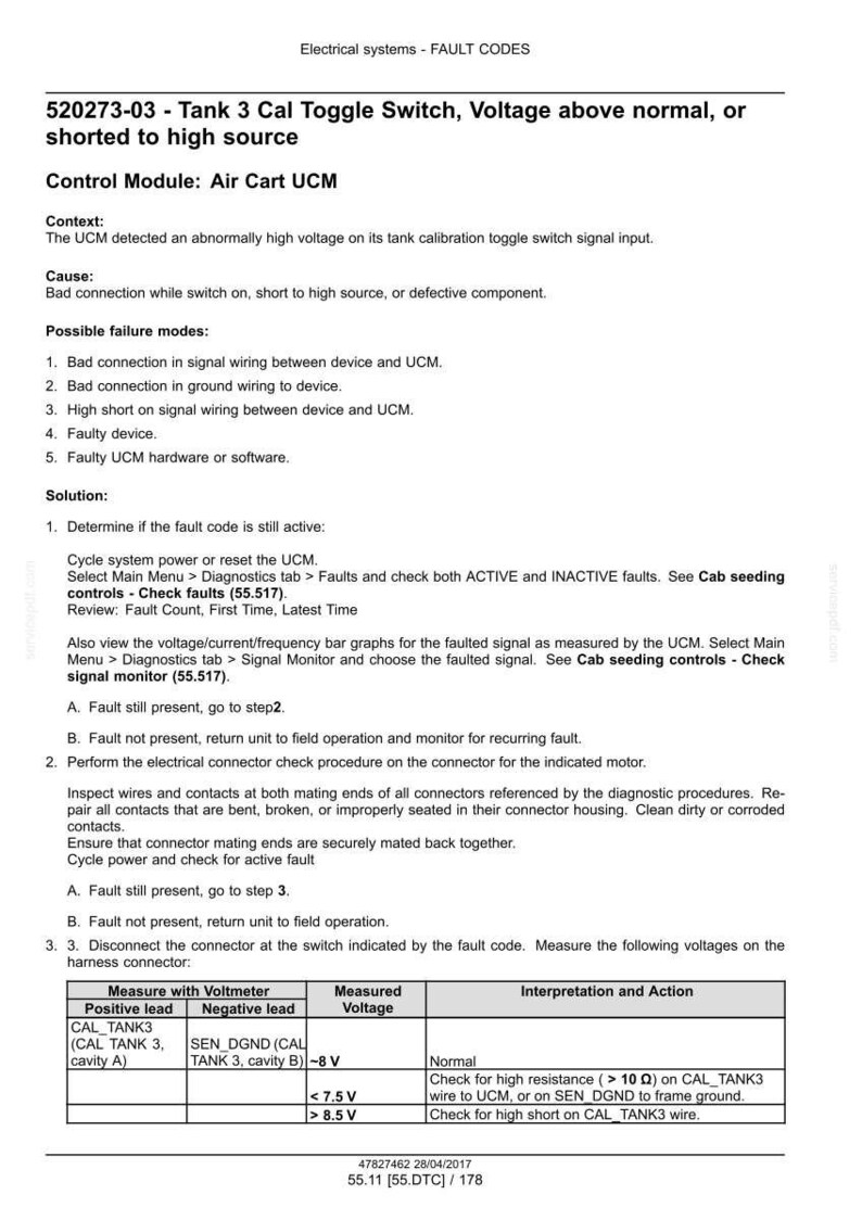 May include: Technical document detailing fault codes for an electrical system. The document includes troubleshooting steps, possible failure modes, and voltage measurements. Text includes "Tank 3 Cal Toggle Switch" and "Air Cart UCM".