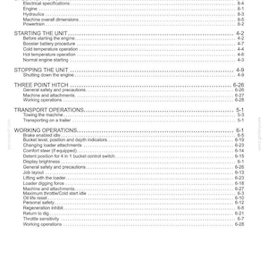 May include: A detailed table of contents from a manual, featuring sections on safety, specifications, starting, stopping, and operating procedures. The text is in black on a white background.