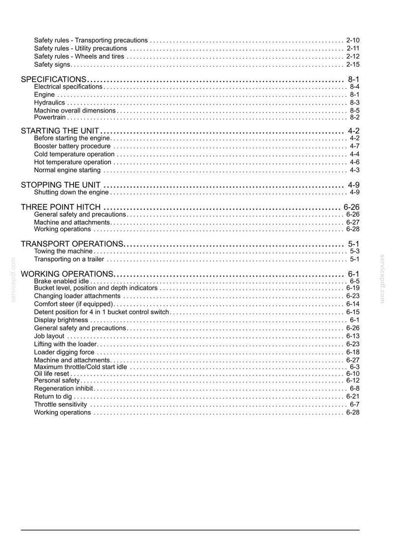May include: A detailed table of contents from a manual, featuring sections on safety, specifications, starting, stopping, and operating procedures. The text is in black on a white background.