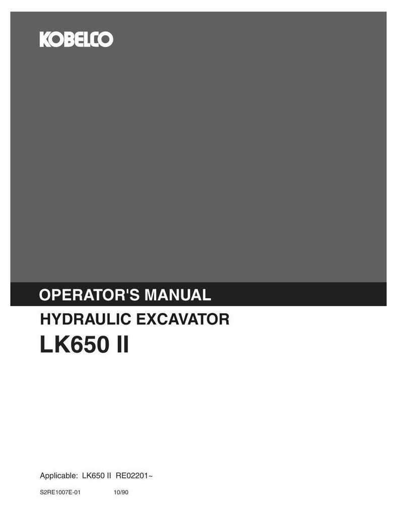 Może przedstawiać: Szaro-czarna instrukcja obsługi Kobelco do koparki hydraulicznej modelu LK650 II. Okładka zawiera białe logo Kobelco u g&oacute;ry oraz tekst Operator's Manual, Hydraulic Excavator i LK650 II wydrukowany w kolorze białym i czarnym.