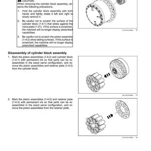 May include: Diagram of hydraulic system components, including a cylinder block assembly and piston assemblies. The image provides instructions for removal and disassembly, with detailed illustrations and text. The text includes safety cautions.