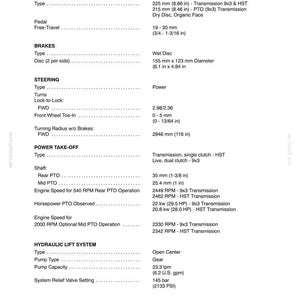 May include: A technical specification document for Model T1520, detailing clutch, brake, steering, power take-off, and hydraulic lift system data. It lists measurements in both metric and imperial units, including 225 mm (8.86 in) clutch size and 145 bar (2133 PSI) relief valve setting.