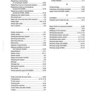May include: A manual page with an alphabetical index of machinery terms. The text includes terms such as "hydraulic breaker," "safety valves," and "working range." The page is white with black text.