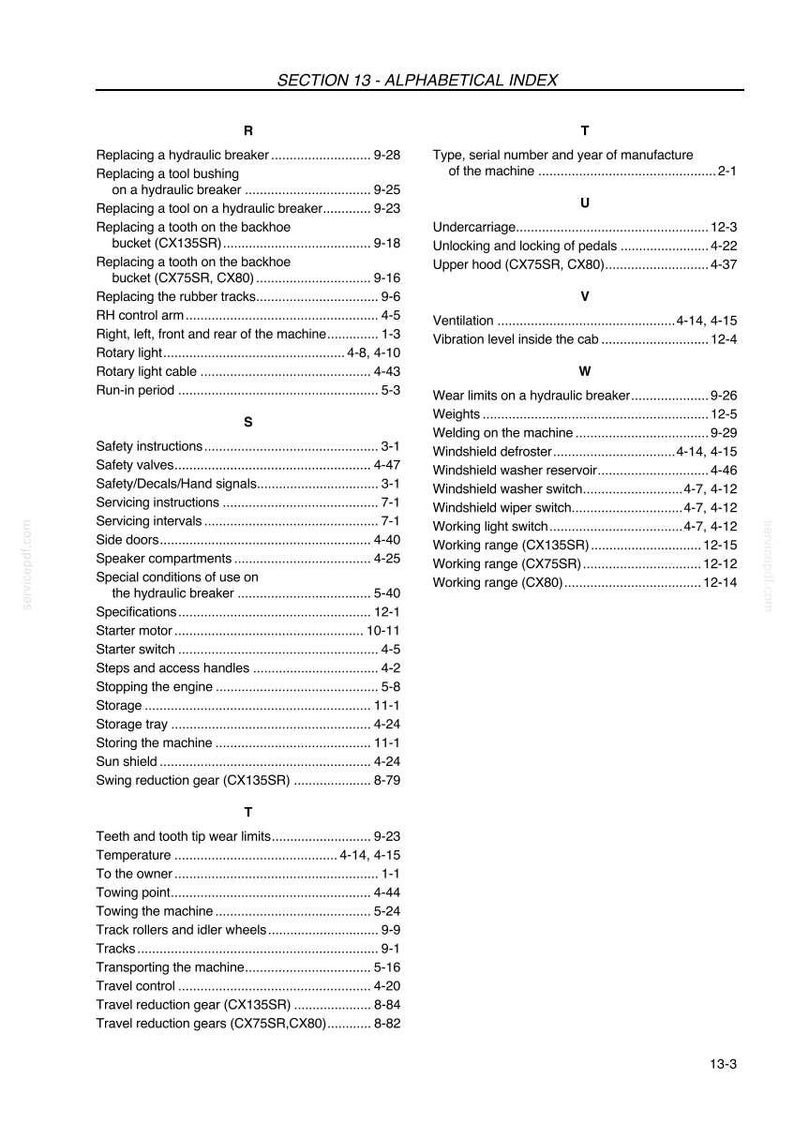 May include: A manual page with an alphabetical index of machinery terms. The text includes terms such as "hydraulic breaker," "safety valves," and "working range." The page is white with black text.