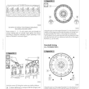 Pu&ograve; includere: Una pagina di manuale tecnico intitolata Section 3 Industrial Application che presenta le figure 72-75. Mostra diagrammi per la sequenza di serraggio delle viti, i bilancieri e la fasatura dell'albero a camme del volano motore.