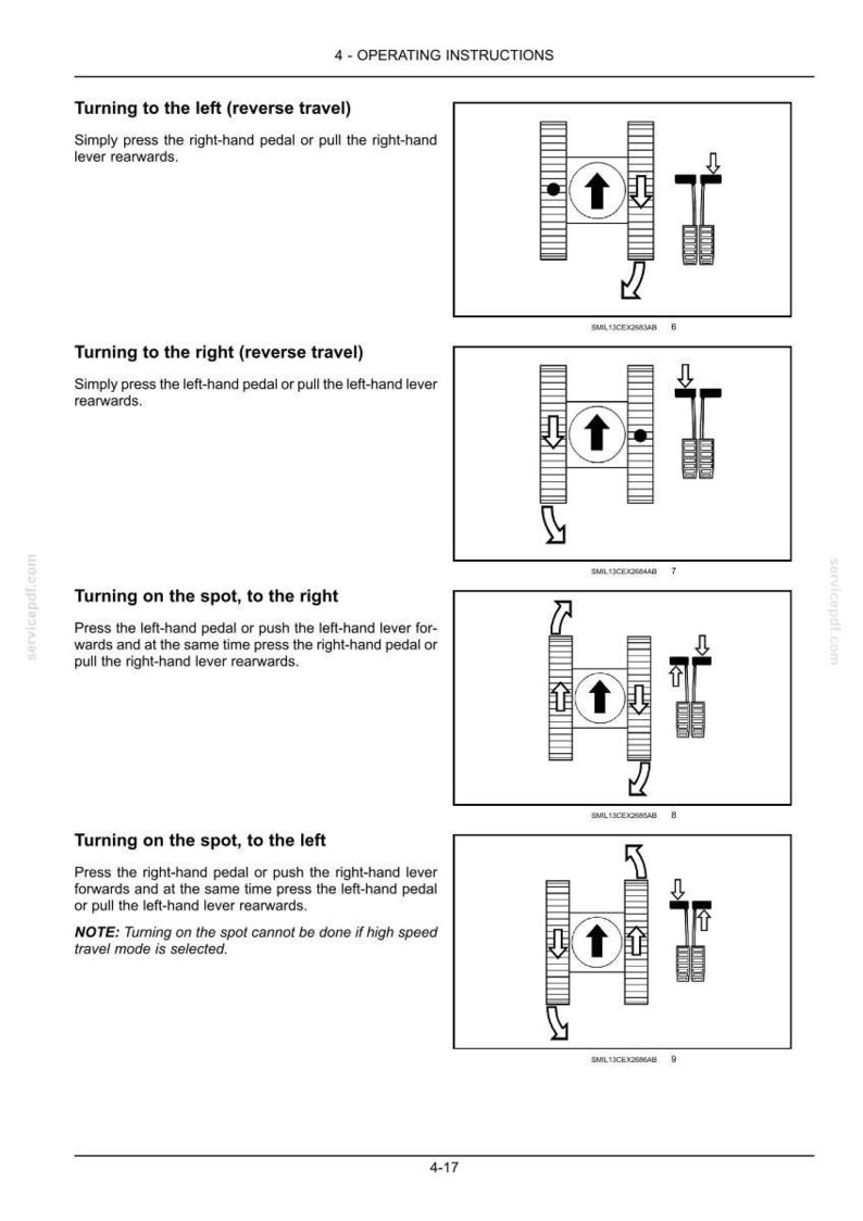 Puede incluir: Diagramas que ilustran las instrucciones de funcionamiento, incluyendo girar a la izquierda, a la derecha y sobre el punto. Cada diagrama muestra una vista superior con flechas que indican la direcci&oacute;n y las posiciones de las palancas. El texto explica cada maniobra.