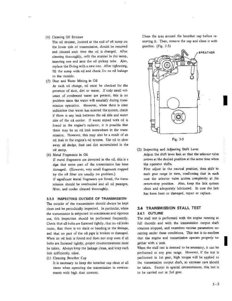 K&ouml;nnte beinhalten: Eine Seite aus einem technischen Handbuch mit einer schwarz-wei&szlig;en Strichzeichnung einer Getriebebaugruppe, beschriftet als Abb. 3-5, mit einem gekennzeichneten Entl&uuml;ftungsdeckel. Der Text enth&auml;lt Anweisungen zur Reinigung des &Ouml;lsiebs.
