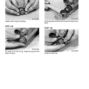 May include: A technical diagram with four steps for mechanical assembly. The steps include installing an O-ring, applying oil, hammering a plug, and installing a snap ring. Text in the image provides instructions.