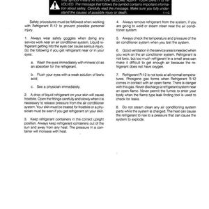 May include: A white document titled "SAFETY PROCEDURES" with black text. The document provides safety instructions for working with Refrigerant R-12, including wearing safety goggles and avoiding open flames. The document is printed in the U.S.A.