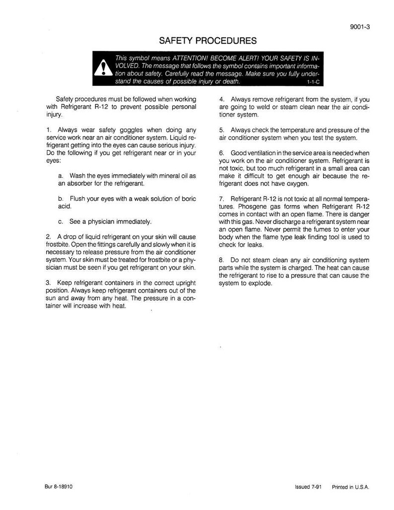 May include: A white document titled "SAFETY PROCEDURES" with black text. The document provides safety instructions for working with Refrigerant R-12, including wearing safety goggles and avoiding open flames. The document is printed in the U.S.A.