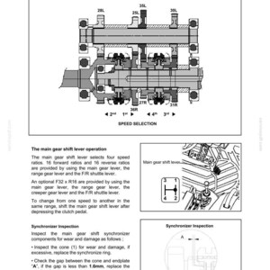 May include: Diagram of a main gear shift system, with cross-sectional views and labels for components like levers and gears. Includes text detailing the system's operation and synchronizer inspection procedures.