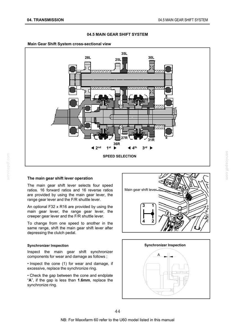 May include: Diagram of a main gear shift system, with cross-sectional views and labels for components like levers and gears. Includes text detailing the system's operation and synchronizer inspection procedures.