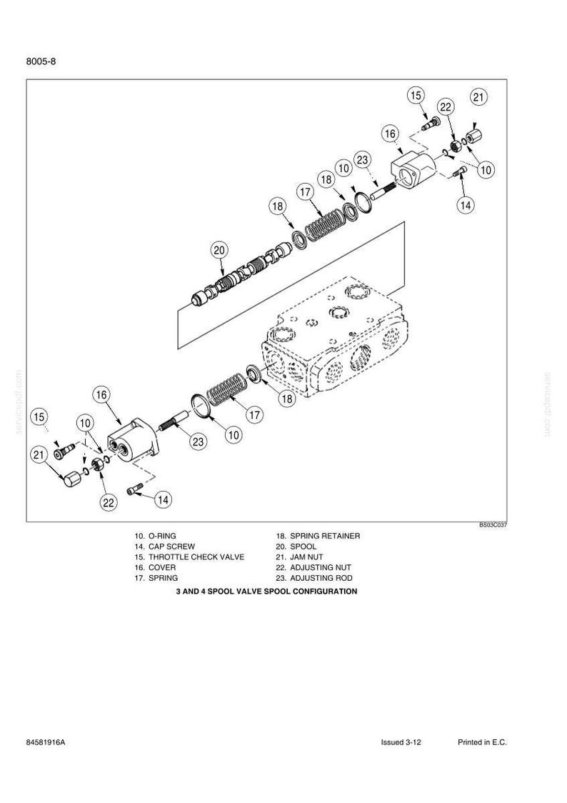 Pode incluir: Um diagrama explodido de uma configura&ccedil;&atilde;o de v&aacute;lvula de carretel, apresentando v&aacute;rios componentes mec&acirc;nicos. A imagem inclui r&oacute;tulos para pe&ccedil;as como an&eacute;is de veda&ccedil;&atilde;o, parafusos de tampa, molas e hastes de ajuste. O diagrama &eacute; em preto e branco.