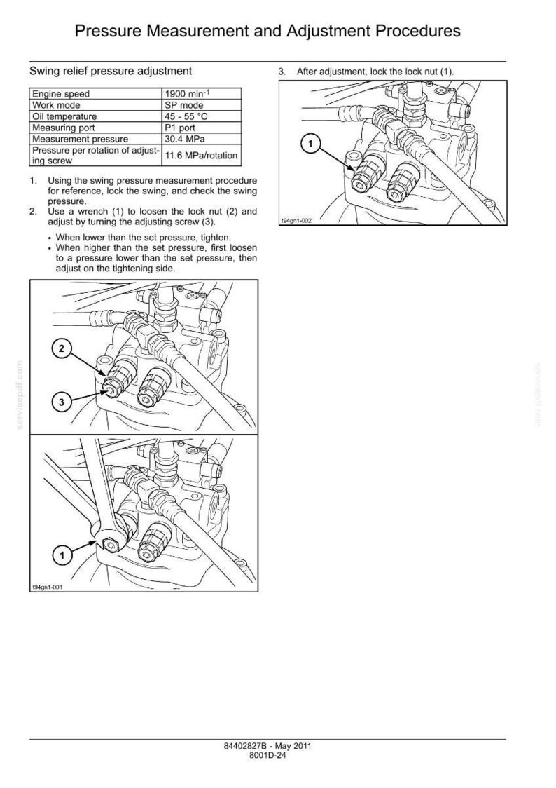 Op de afbeelding: Diagram met procedures voor drukmeting en -aanpassing. De afbeelding bevat een tabel met technische specificaties en diagrammen van mechanische componenten met labels en pijlen. De tekst bevat instructies voor het aanpassen van de zwenkontlastingsdruk.
