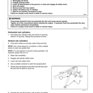 May include: Diagram of a hydraulic system for a reel vertical positioning system. The image includes safety warnings, instructions for bleeding cylinders, and a detailed illustration of the system's components.