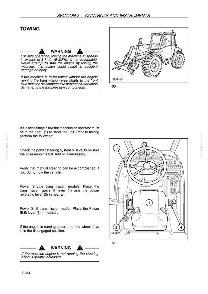 May include: A technical manual page titled SECTION 2 - CONTROLS AND INSTRUMENTS, featuring instructions for towing a tractor. It includes a line drawing of a tractor, a diagram of the operator seat and steering wheel with numbered controls, and warnings.