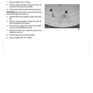 May include: Page from an instruction manual with the title "SECTION 3 - OPERATING INSTRUCTIONS". The text describes draining and filling procedures, accompanied by a close-up image of a tire valve and plug. The image includes labels A and B.