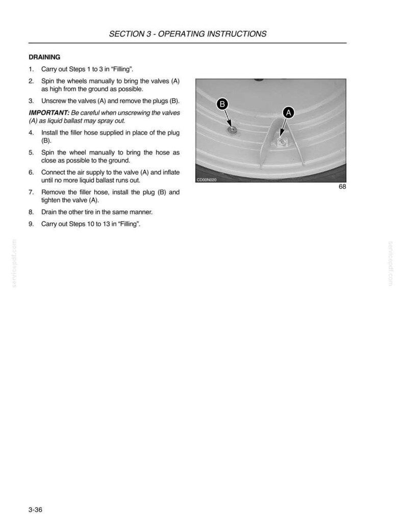 May include: Page from an instruction manual with the title "SECTION 3 - OPERATING INSTRUCTIONS". The text describes draining and filling procedures, accompanied by a close-up image of a tire valve and plug. The image includes labels A and B.